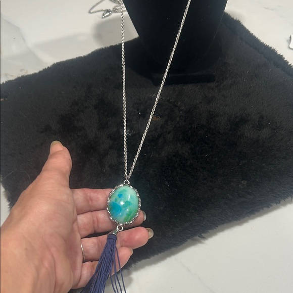 Christopher & Banks Silver Necklace with Turquoise Pendant and Dark Blue Tassel - Picture 12 of 12